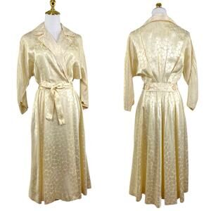 Vintage 30s Riviera Robes Ivory Polka Dot Satin Hostess Dressing Gown Size M